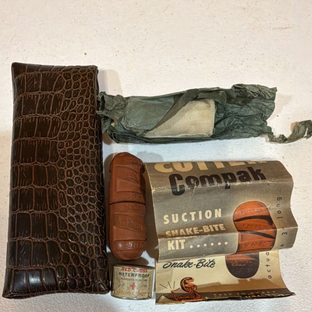 Vintage 1950s/60s First Aid Set: Zipper Pouch & Cutter Snake-Bite Kit Gauze Tape